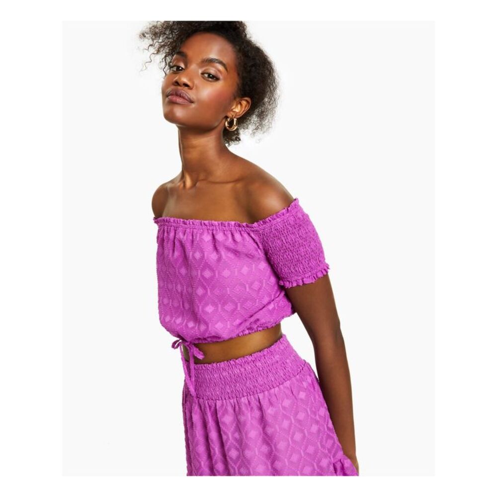 BAR III Womens Purple Drawstring Hem Short Sleeve Off Shoulder Crop Top XXS